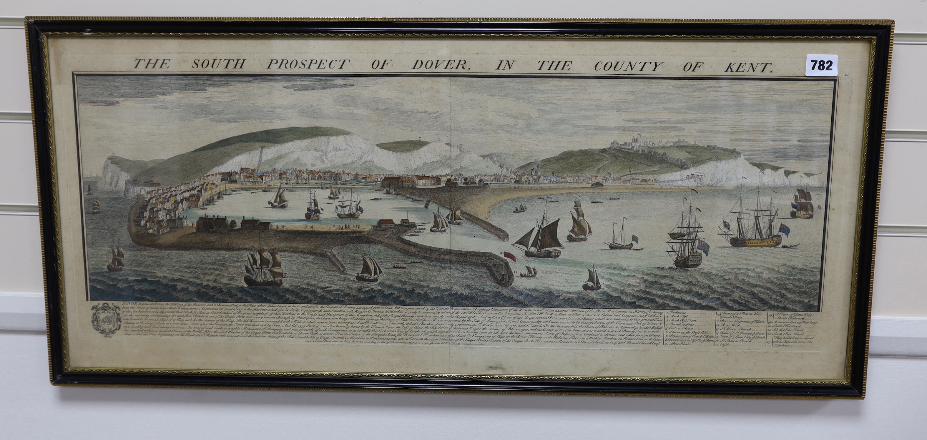 After Samuel and Nathaniel Buck (17th/18th. C) four hand coloured engravings, The South Prospect of Dover in the County of Kent, 40cm x 86 cm; unframed The North View of Dover Castle in the County of Kent, 1735, 20cm x 3